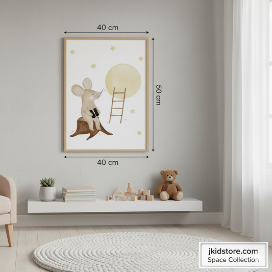 Framed artwork of a mouse and ladder on a wall with measurements, below a shelf with books and toys.