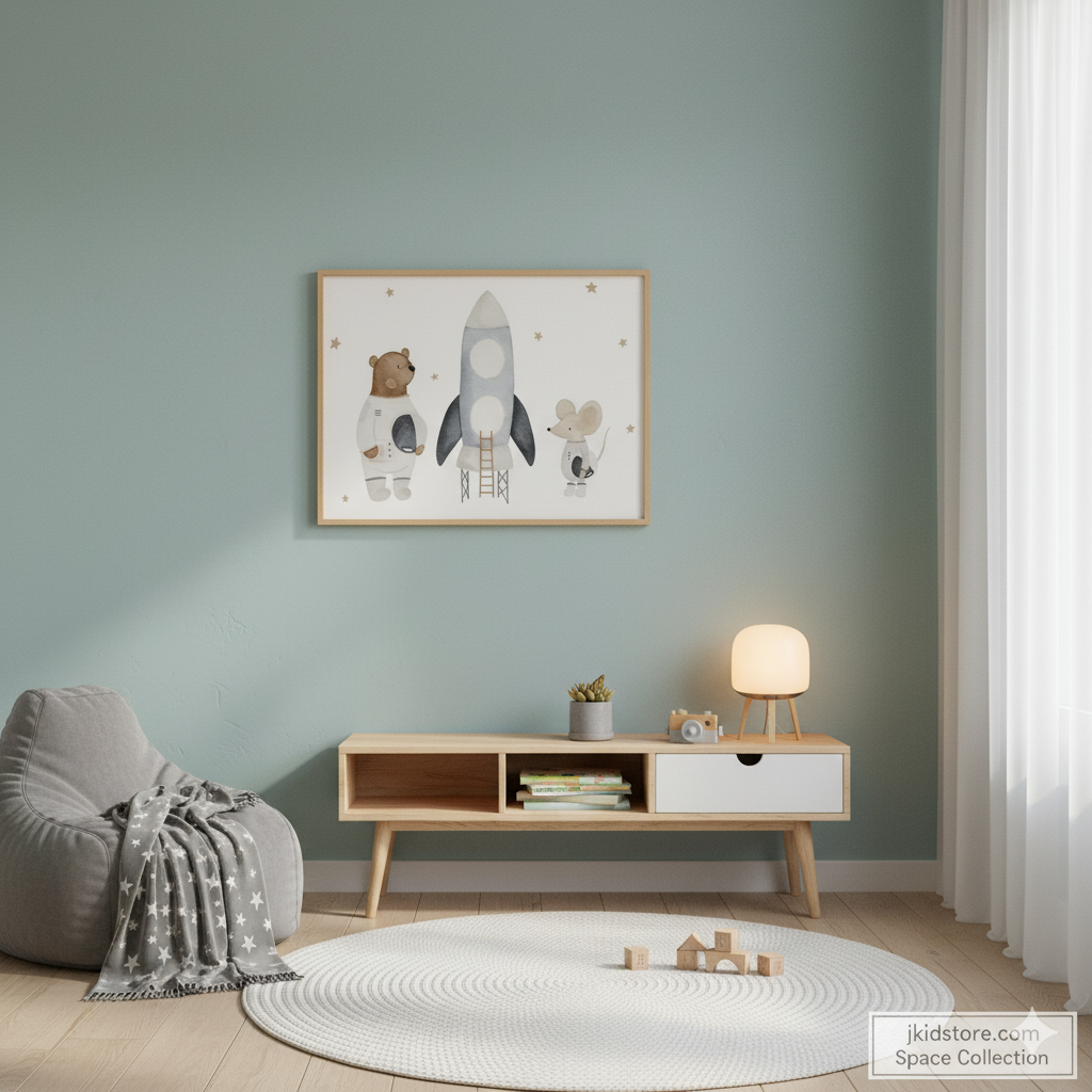 Children's room with a rocket ship artwork on the wall, wooden shelf, and bean bag chair.