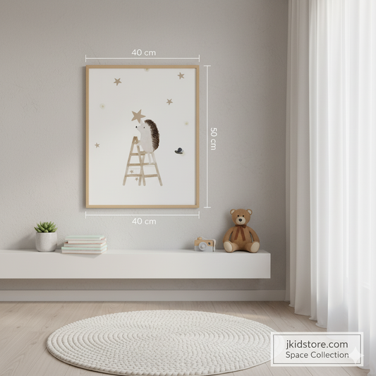 Framed artwork of a hedgehog on a ladder in a child's room with toys and decor.
