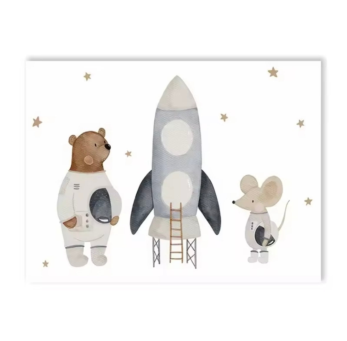 Illustration of a bear astronaut, a rocket ship, and a mouse astronaut on a white background with star decorations.
