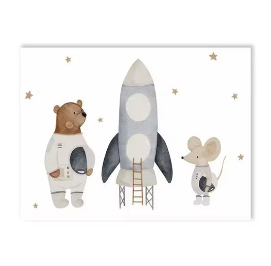 Illustration of a bear astronaut, a rocket ship, and a mouse astronaut on a white background with star decorations.
