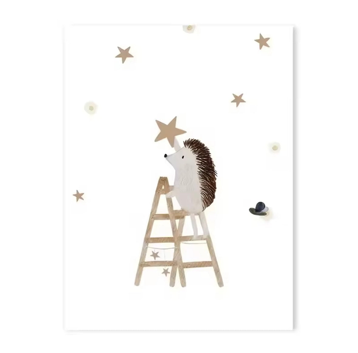Illustration of a hedgehog on a ladder with stars around, on a white background
