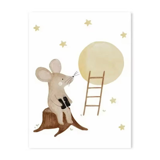 Illustration of a mouse on a stump with a ladder and moon in the background