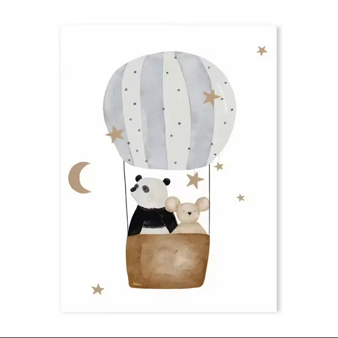 Illustration of a panda and bear in a hot air balloon with stars and moon on a white background
