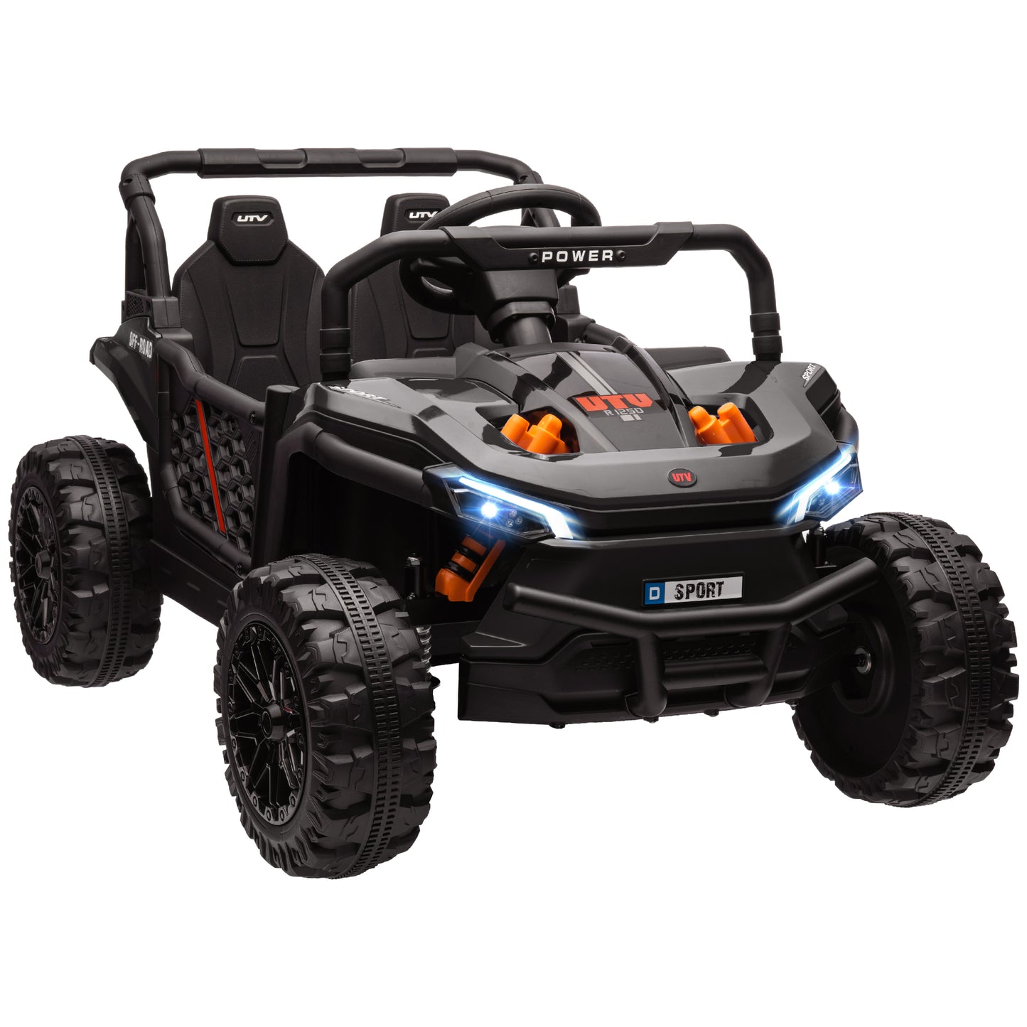 Black toy off-road vehicle with large wheels on a white background