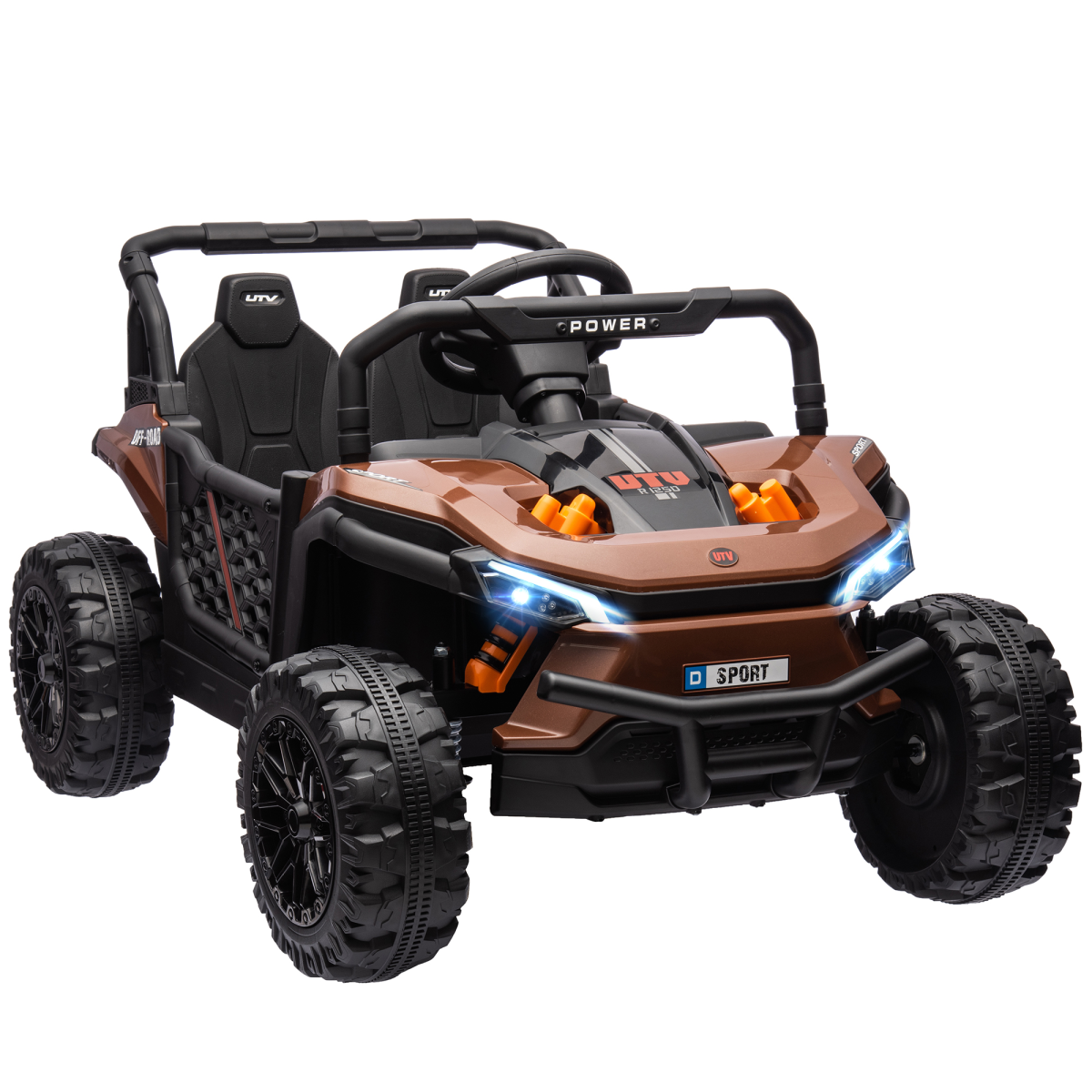 Toy off-road vehicle with brown and black color scheme on a white background