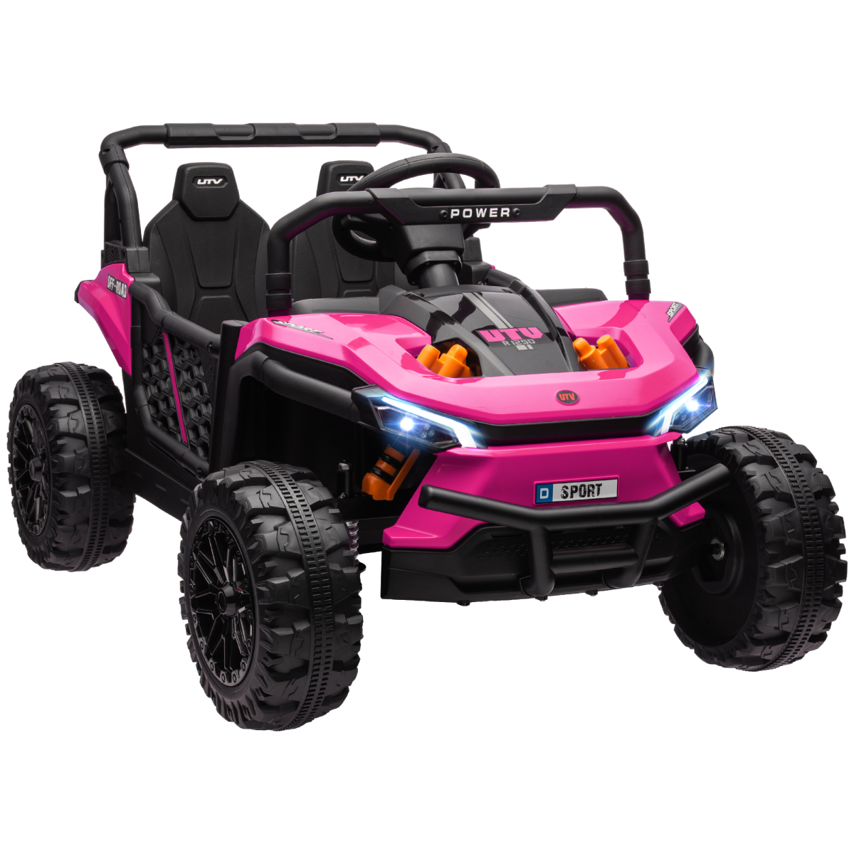 Pink toy off-road vehicle with black details on a white background