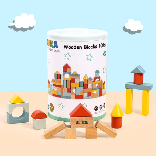 SOKA 100-Piece Wooden Block Set in Neutral Tones