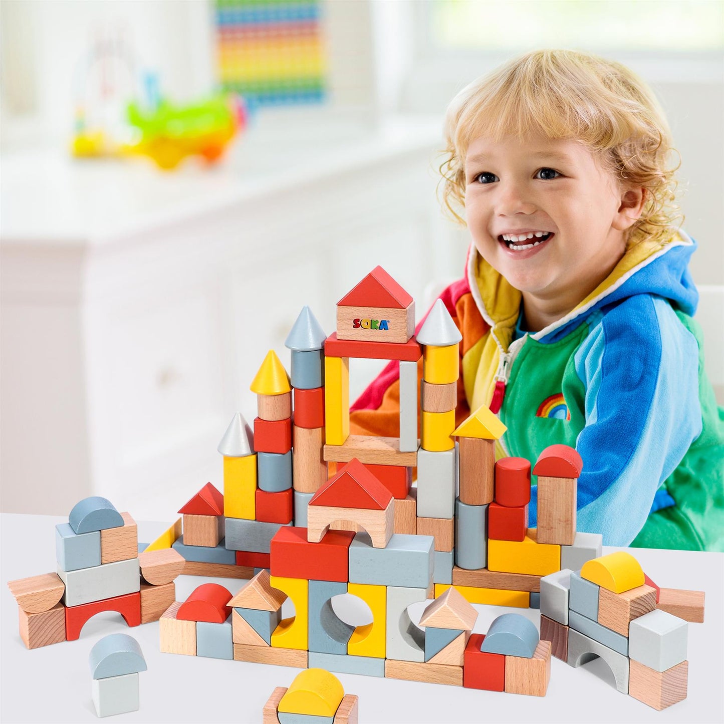 SOKA 100-Piece Wooden Block Set in Neutral Tones
