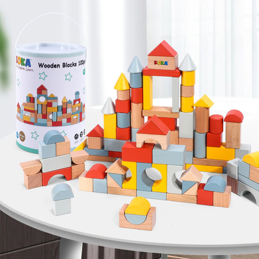 SOKA 100-Piece Wooden Block Set in Neutral Tones