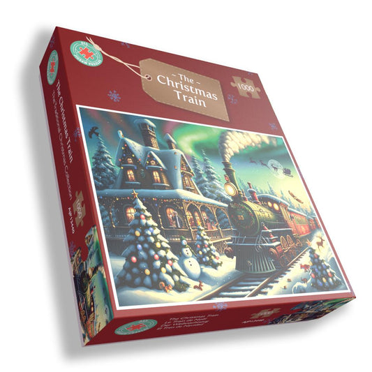 Jigsaw puzzle box featuring a Christmas train scene on a white background