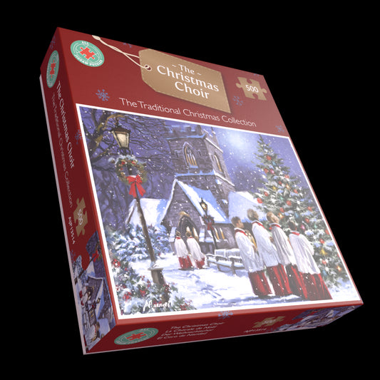 Jigsaw puzzle box featuring a Christmas scene with a church and choir