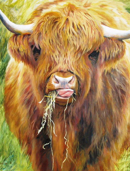 Painting of a highland cow with long hair and horns, eating grass.