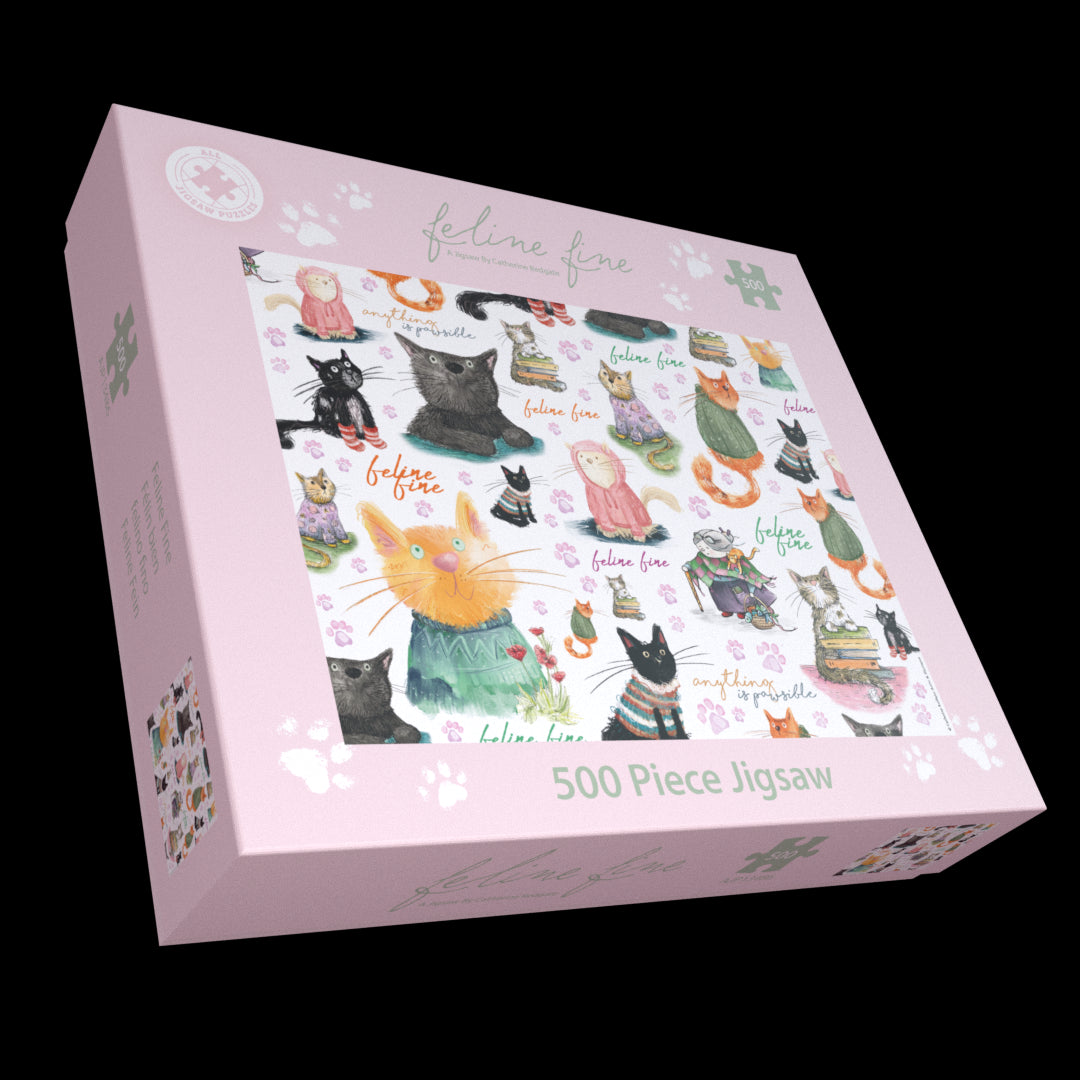 Jigsaw puzzle box with cat illustrations on a white background