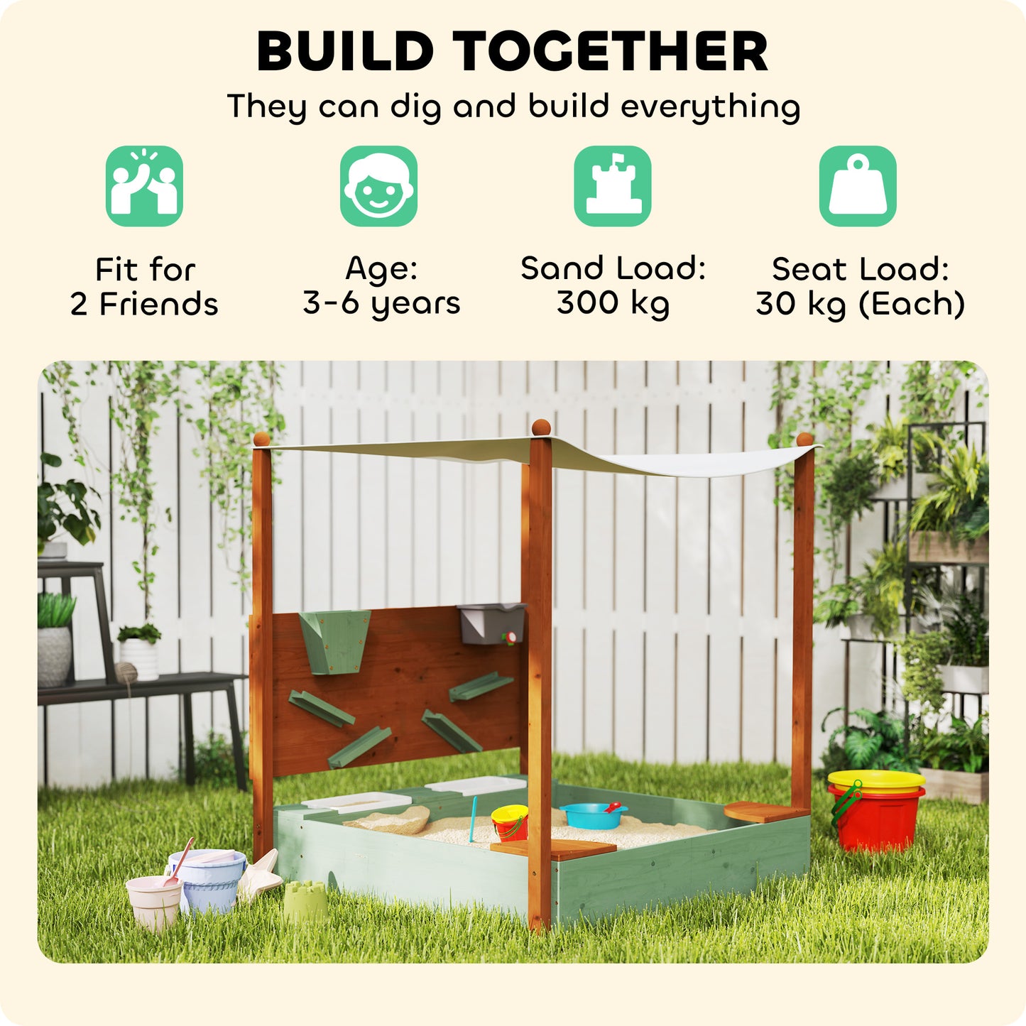 Outdoor Wooden Sandpit with Canopy & Toy Storage for Creative Play