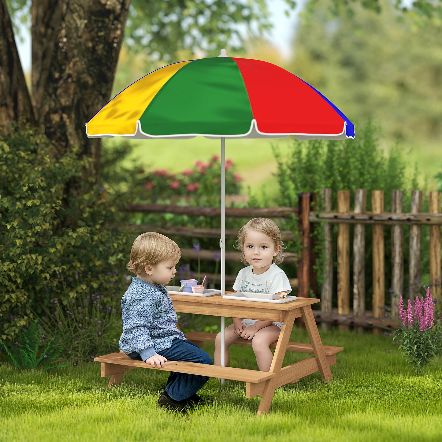 Children's Outdoor Wooden Table Set with Adjustable Parasol & Storage