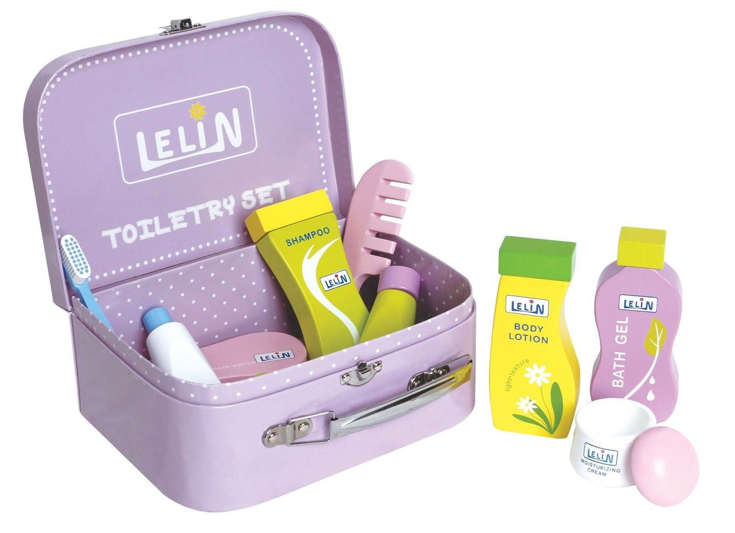 Lelin Wooden Toiletry Pretend Play Set – 9 Pieces.