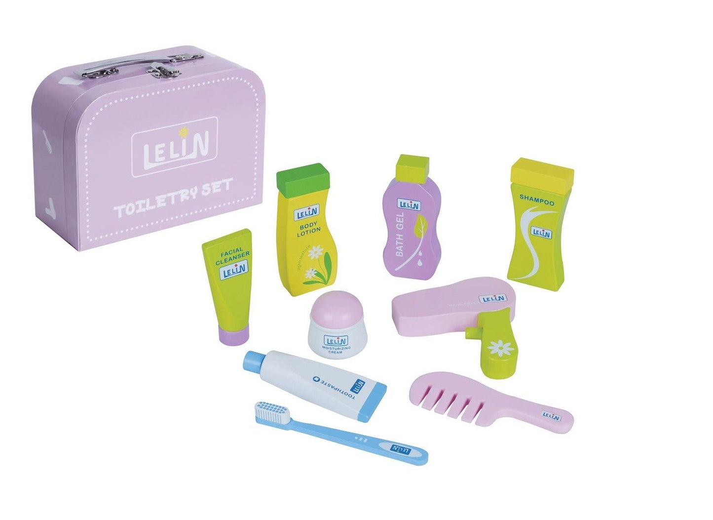 Lelin Wooden Toiletry Pretend Play Set – 9 Pieces.