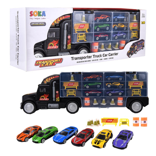Highway Carrier Truck Playset with 6 Die-Cast Cars & Accessories