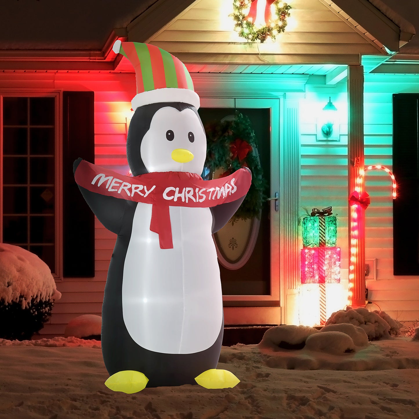 HOMCOM 8ft Inflatable Penguin & Christmas Banner Decoration Inner LED Lights