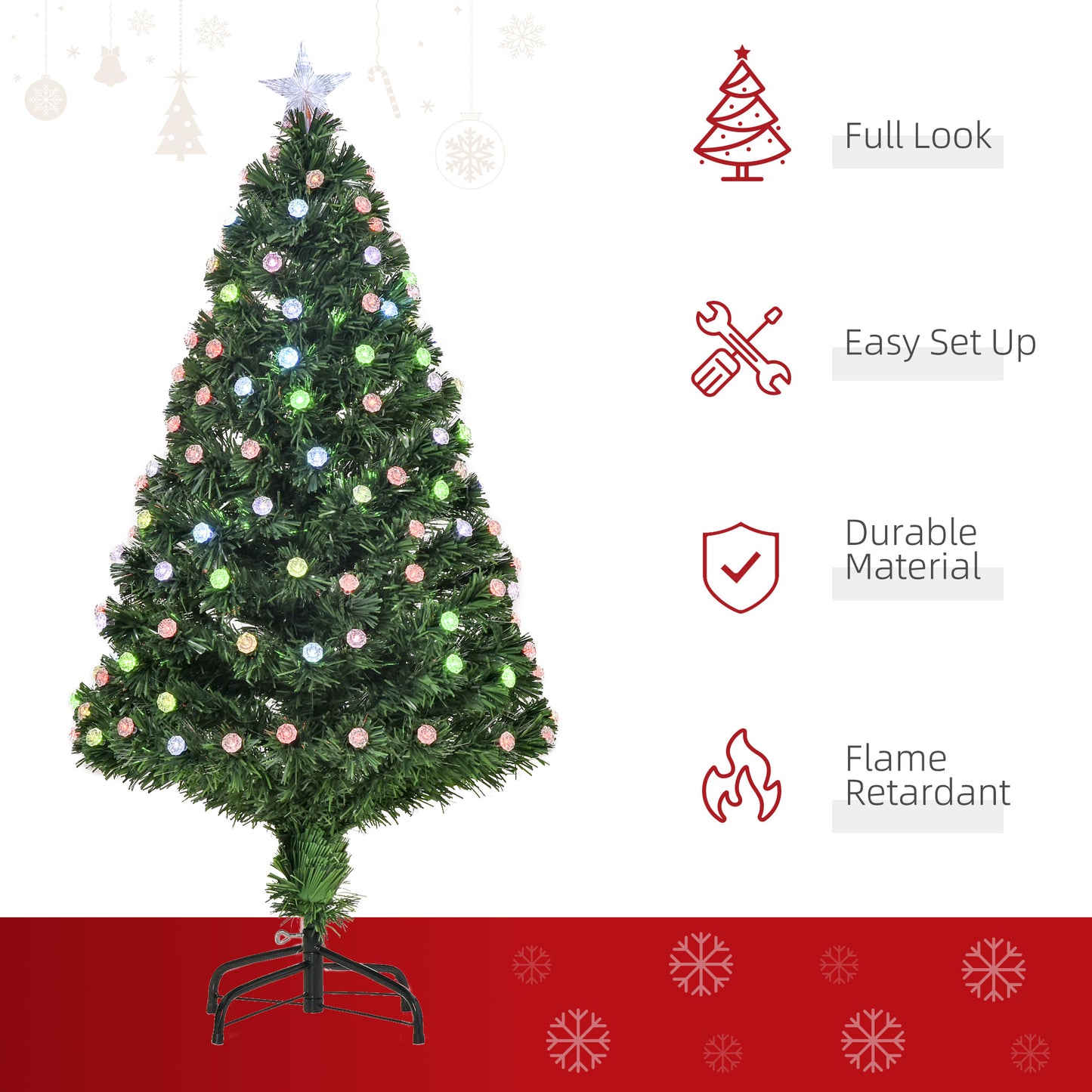 Decorated Christmas tree with colorful lights on a white background with product features listed.