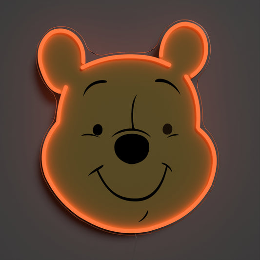 Neon sign of a bear face with a dark background