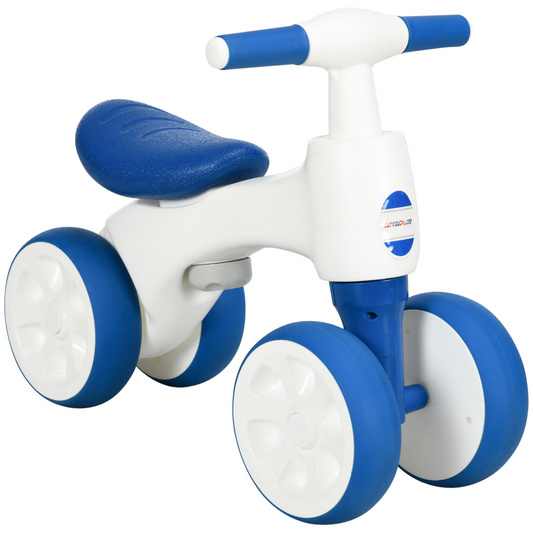 Kids Balance Bike with 4 Wheels – White & Blue (Ages 18–36 Months)
