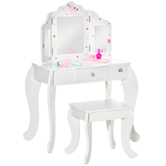 HOMCOM Kids Vanity Table & Stool Set with Rotatable Mirror – White & Pink