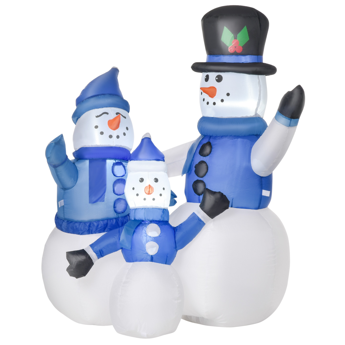 Inflatable snowman family with a larger snowman holding two smaller ones on a white background
