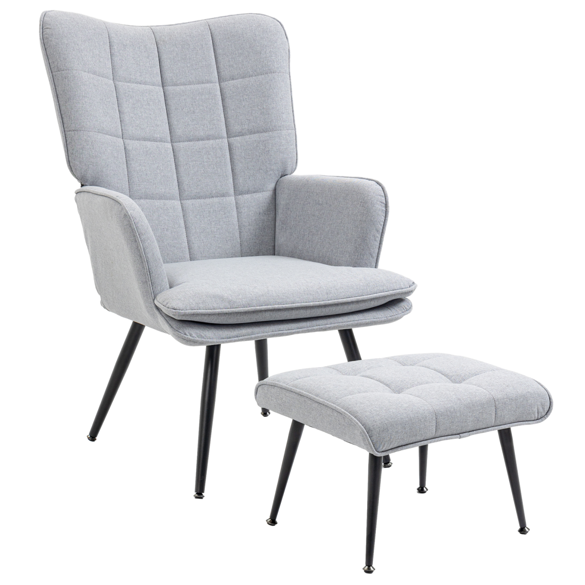 Chair with Footstool and Steel Legs, Light Grey