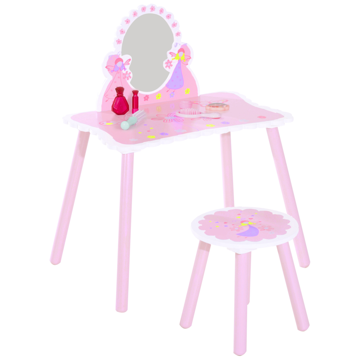HOMCOM Kids Pink Dressing Table & Chair Set with Mirror