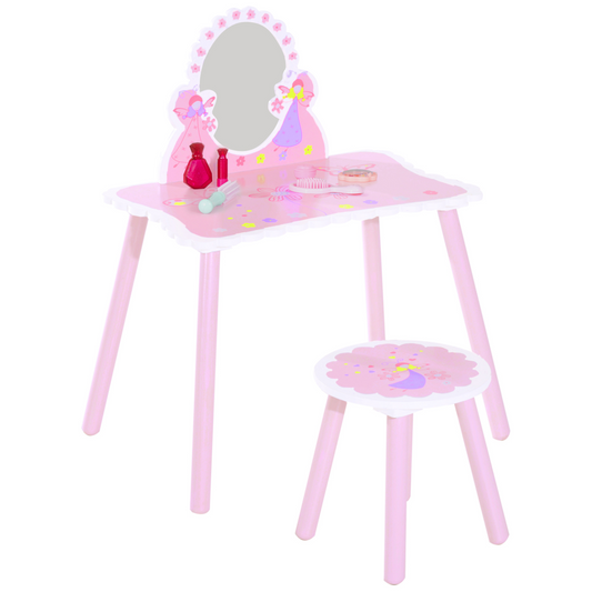 HOMCOM Kids Pink Dressing Table & Chair Set with Mirror