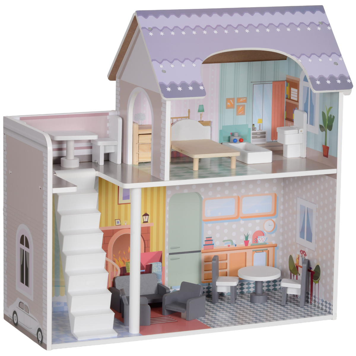 Wooden Dollhouse with Furniture & Balcony – Multicolour (60cm, Ages 3–6)