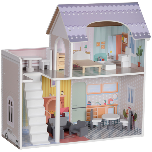 Wooden Dollhouse with Furniture & Balcony – Multicolour (60cm, Ages 3–6)