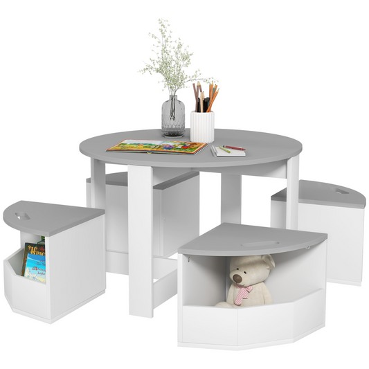 5-Piece Kids Table and Chair Set with Hidden Storage – Grey & White