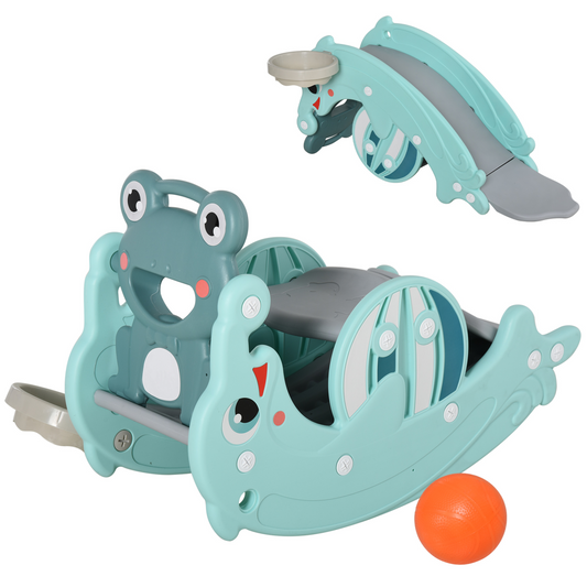 3-in-1 Kids Rocking Horse, Slide & Basketball Hoop – Frog & Dolphin Design