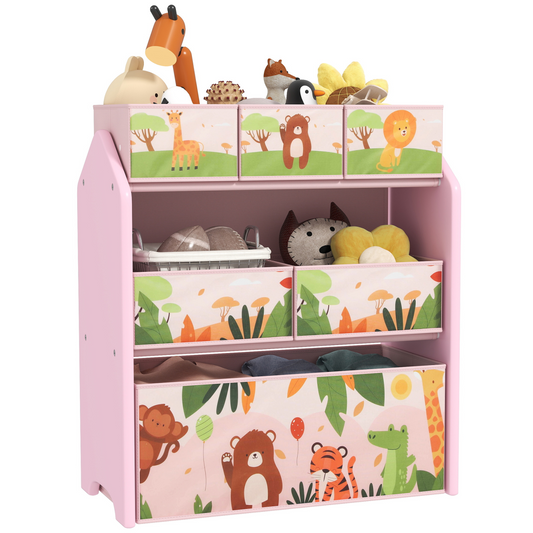 Kids 3-Tier Storage Unit with 6 Removable Boxes – Pink Cartoon Design