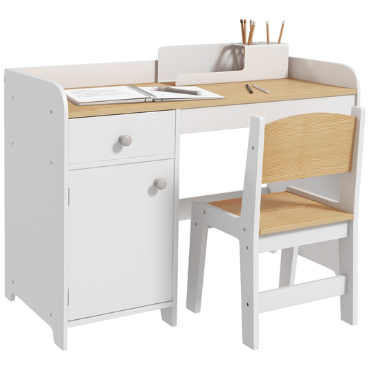Kids Desk & Chair Set with Storage – White (Ages 3–6)