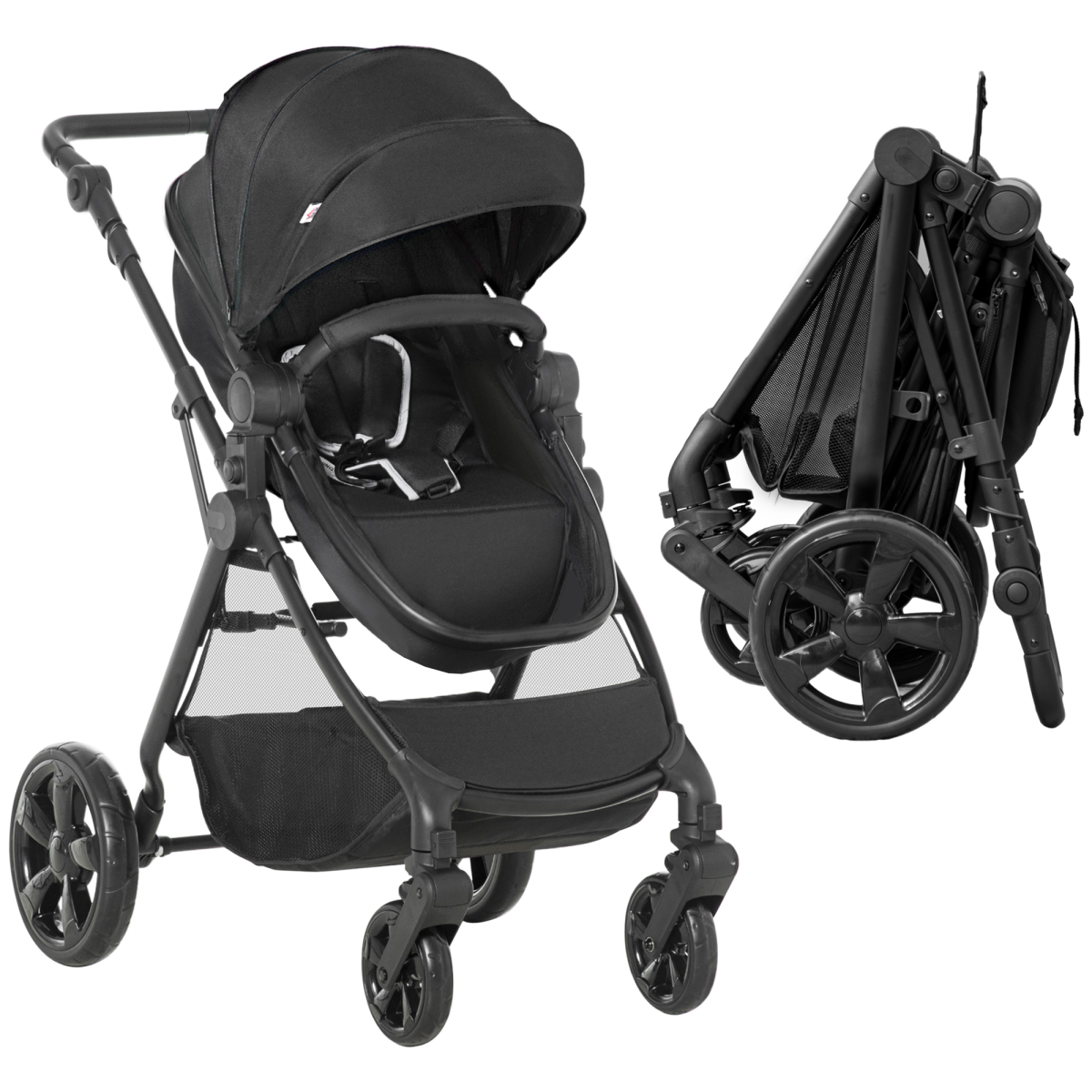 Foldable Baby Pushchair with Reclining Seat & Sleeping Basket – Black (0–3 Years)