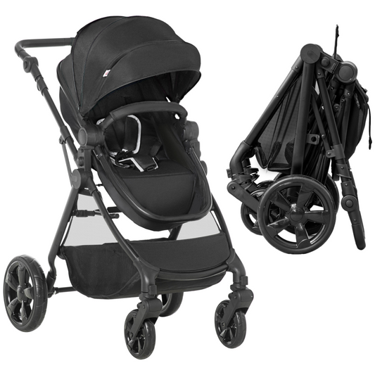 Foldable Baby Pushchair with Reclining Seat & Sleeping Basket – Black (0–3 Years)