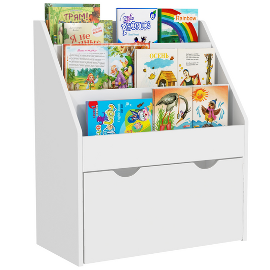 Kids Storage Cabinet with Shelves & Wheeled Drawer – White (Ages 3–8)
