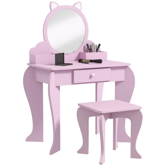 Kids Vanity Table & Stool Set with Cat Design – Pink