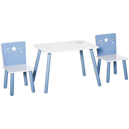 Kids 3-Piece Table & Chair Set with Stars & Balloons Design – White & Blue (Ages 2–4)