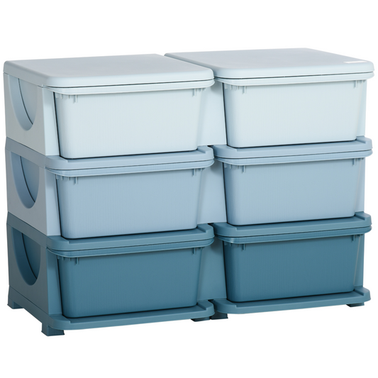 Stackable storage bins with lids in two colors on a white background