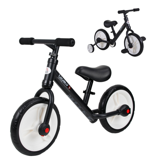 Kids 2-in-1 Balance Training Bike with Stabilizers & Pedals – Black (Ages 2–5)