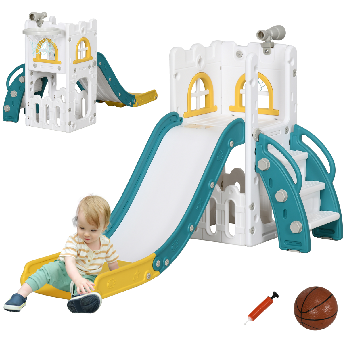 Children's slide with castle structure, basketball, and pump on a white background