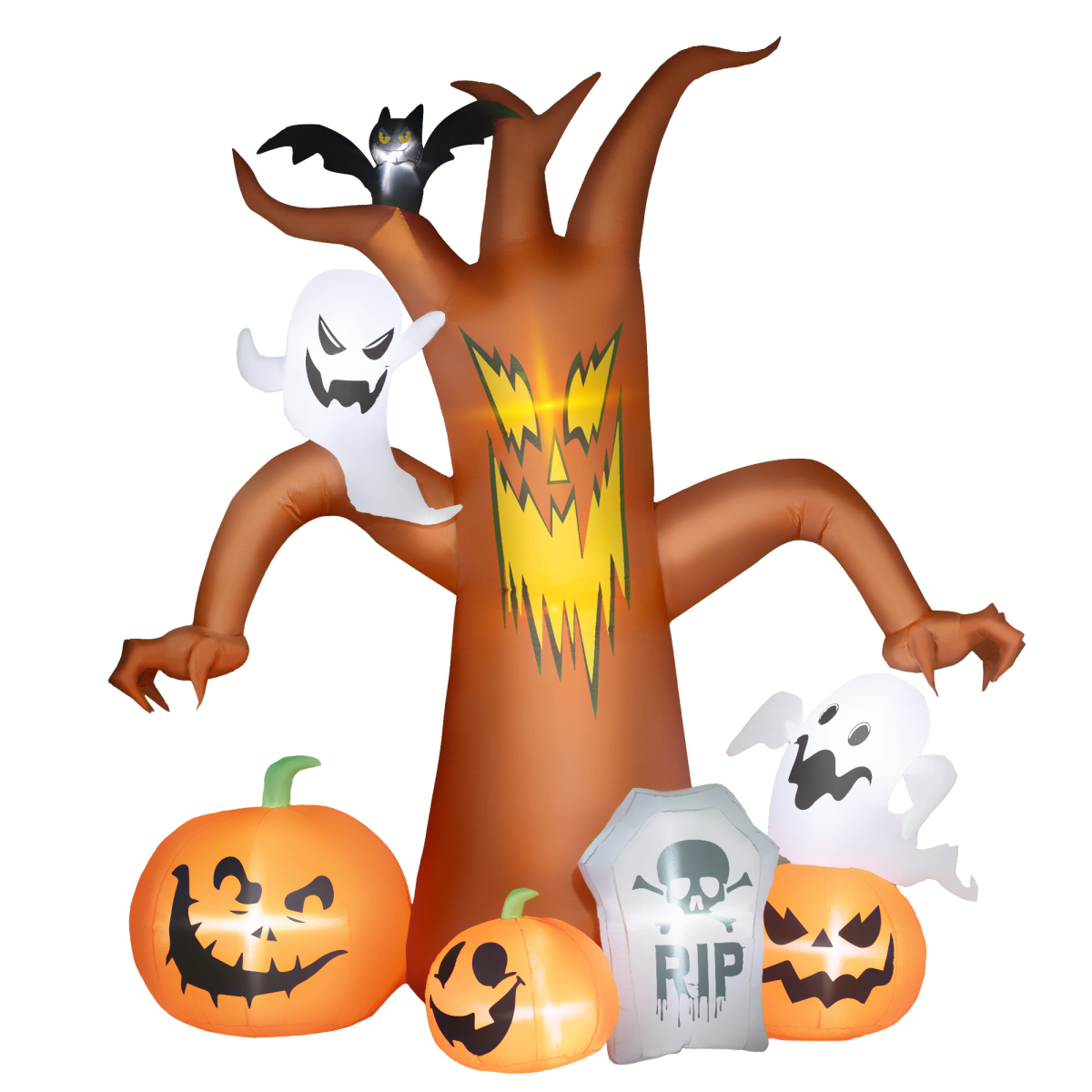2.4m Inflatable Halloween Horror Tree with Ghosts, Pumpkins, Bat & Tombstone – LED Lights