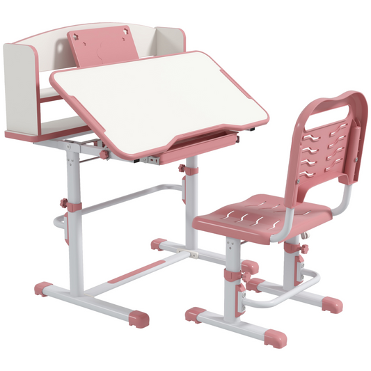 Pink and white adjustable children's desk and chair set on a white background