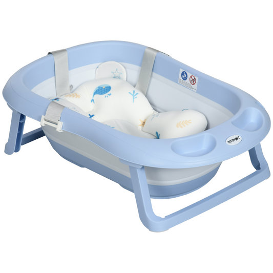 Foldable Baby Bath Tub with Cushion & Shower Head Holder – Blue & White