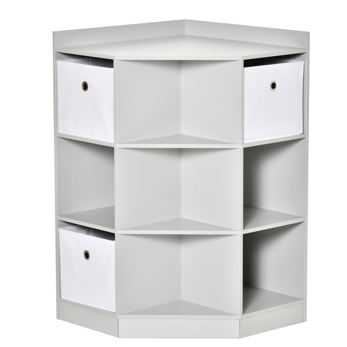 White corner storage unit with open shelves and drawers on a white background